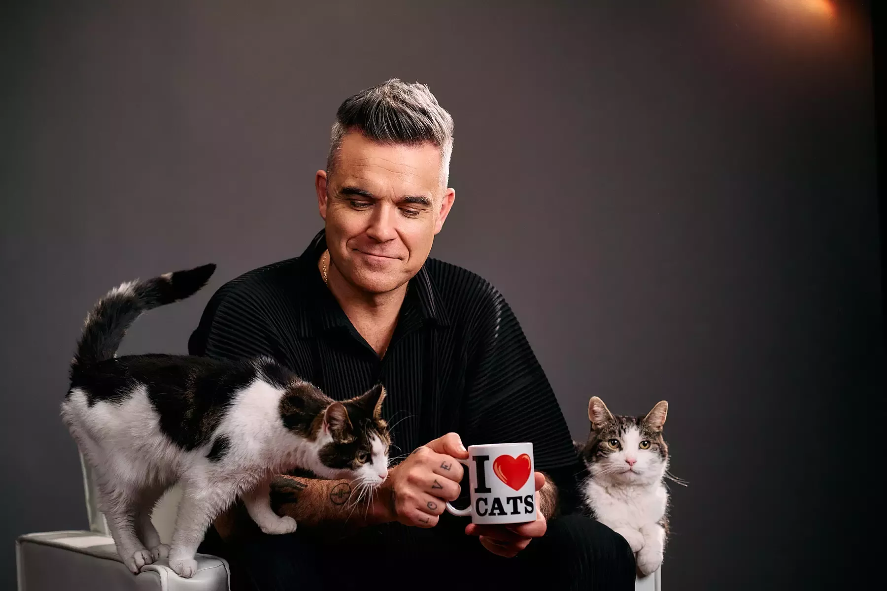 Robbie Williams mit zwei Katzen